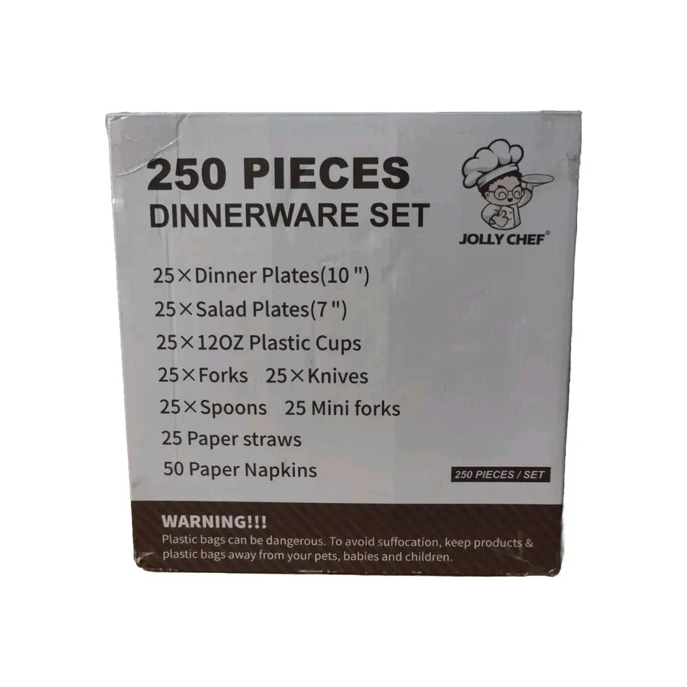 250 Count Rose Gold Disposable Plastic Dinnerware Set, Plates, Silverware, Cups.